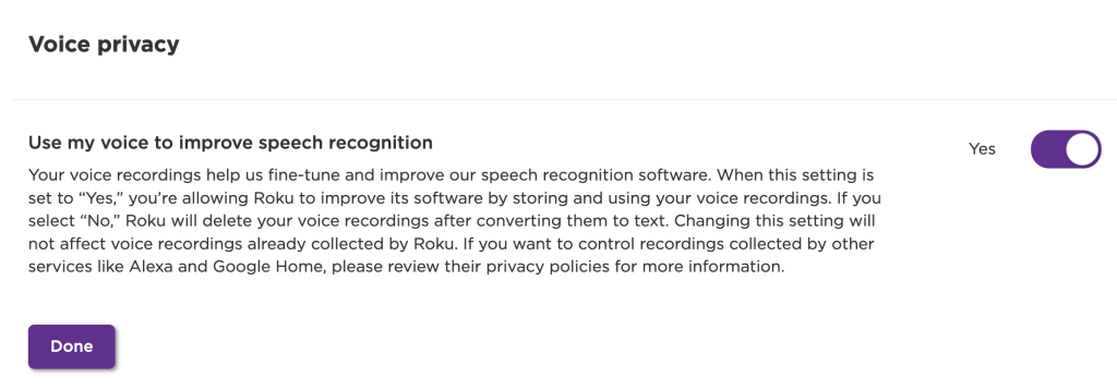 Image of Roku voice privacy toggle